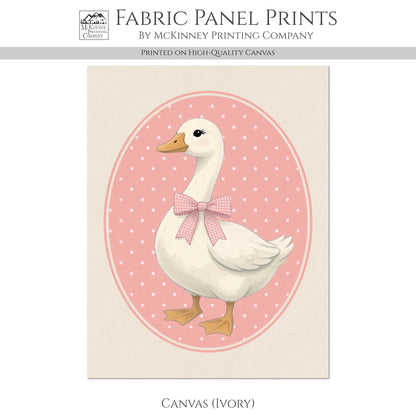 Pink Goose - Fabric Panel, Bow, Vintage, 1980's, Duck, Porch, Silly, Décor, Wall Art, Block Print, Cotton, Quilting