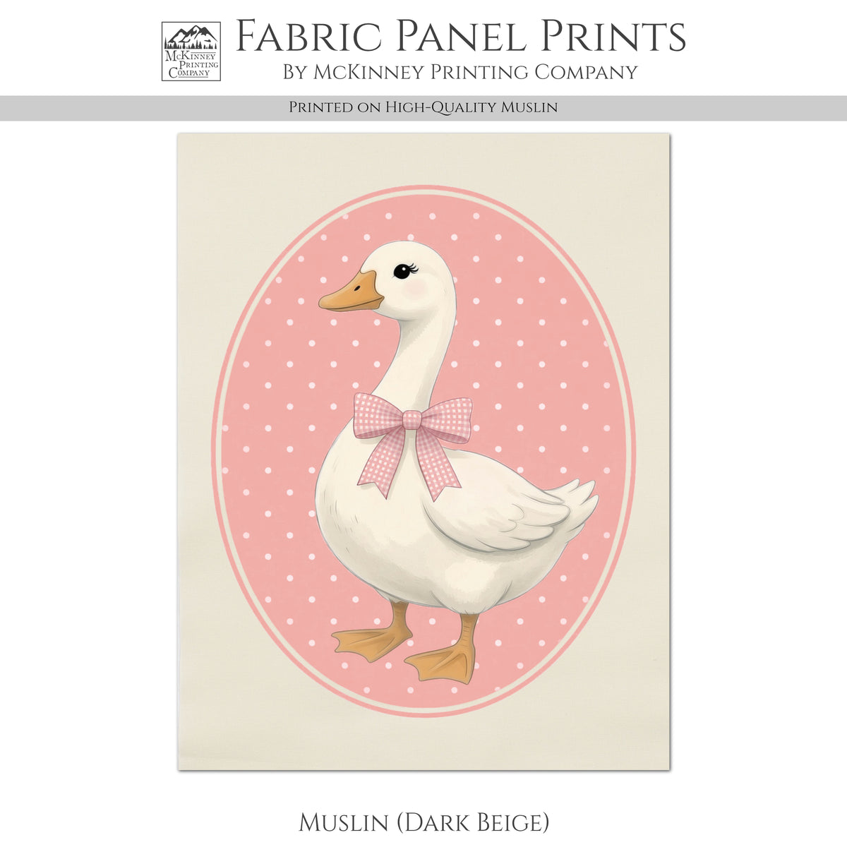 Pink Goose - Fabric Panel, Bow, Vintage, 1980's, Duck, Porch, Silly, Décor, Wall Art, Block Print, Cotton, Quilting