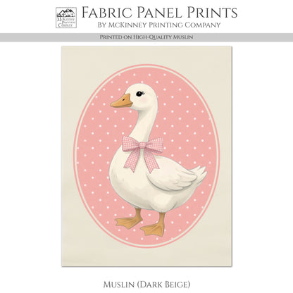 Pink Goose - Fabric Panel, Bow, Vintage, 1980's, Duck, Porch, Silly, Décor, Wall Art, Block Print, Cotton, Quilting
