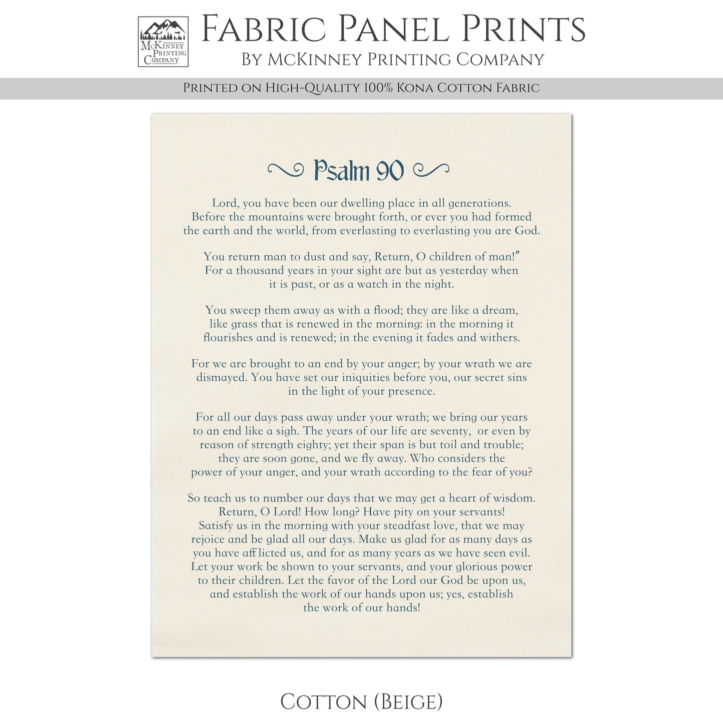 Psalm 90 - Scripture Fabric, Religious, Christian, Large, Cotton Quilt Block, Quilting, Sewing