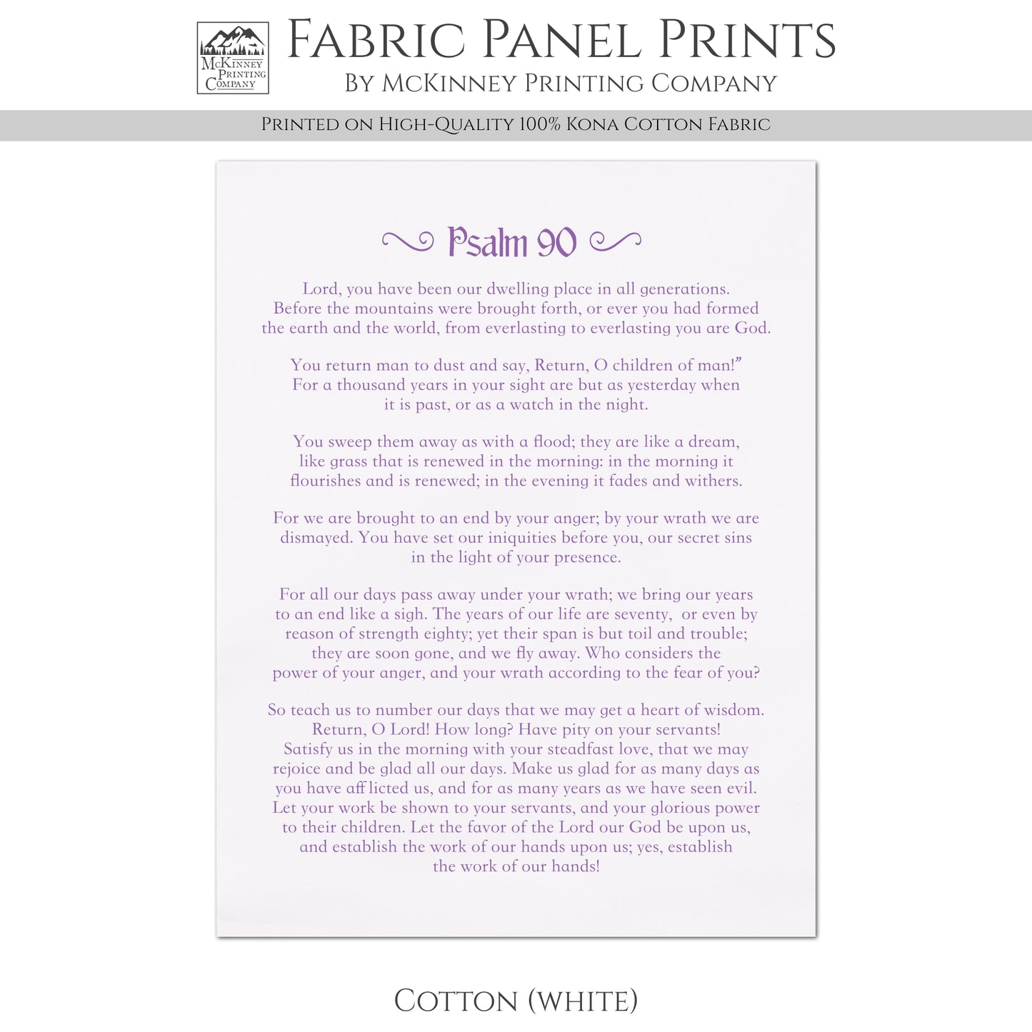 Psalm 90 - Scripture Fabric, Religious, Christian, Large, Cotton Quilt Block, Quilting, Sewing