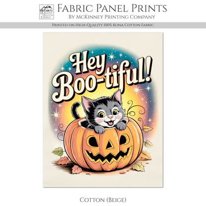 Halloween Fabric Panel - Vintage, Retro, Fall, Cat, Pumpkin, Large Print Fabric, Block Print Fabric, Cotton, Quilting, Quilt, Canvas