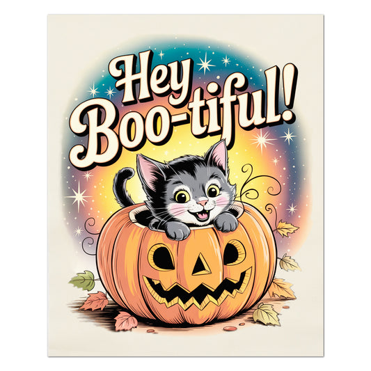 Halloween Fabric Panel - Vintage, Retro, Fall, Cat, Pumpkin, Large Print Fabric, Block Print Fabric, Cotton, Quilting, Quilt, Canvas