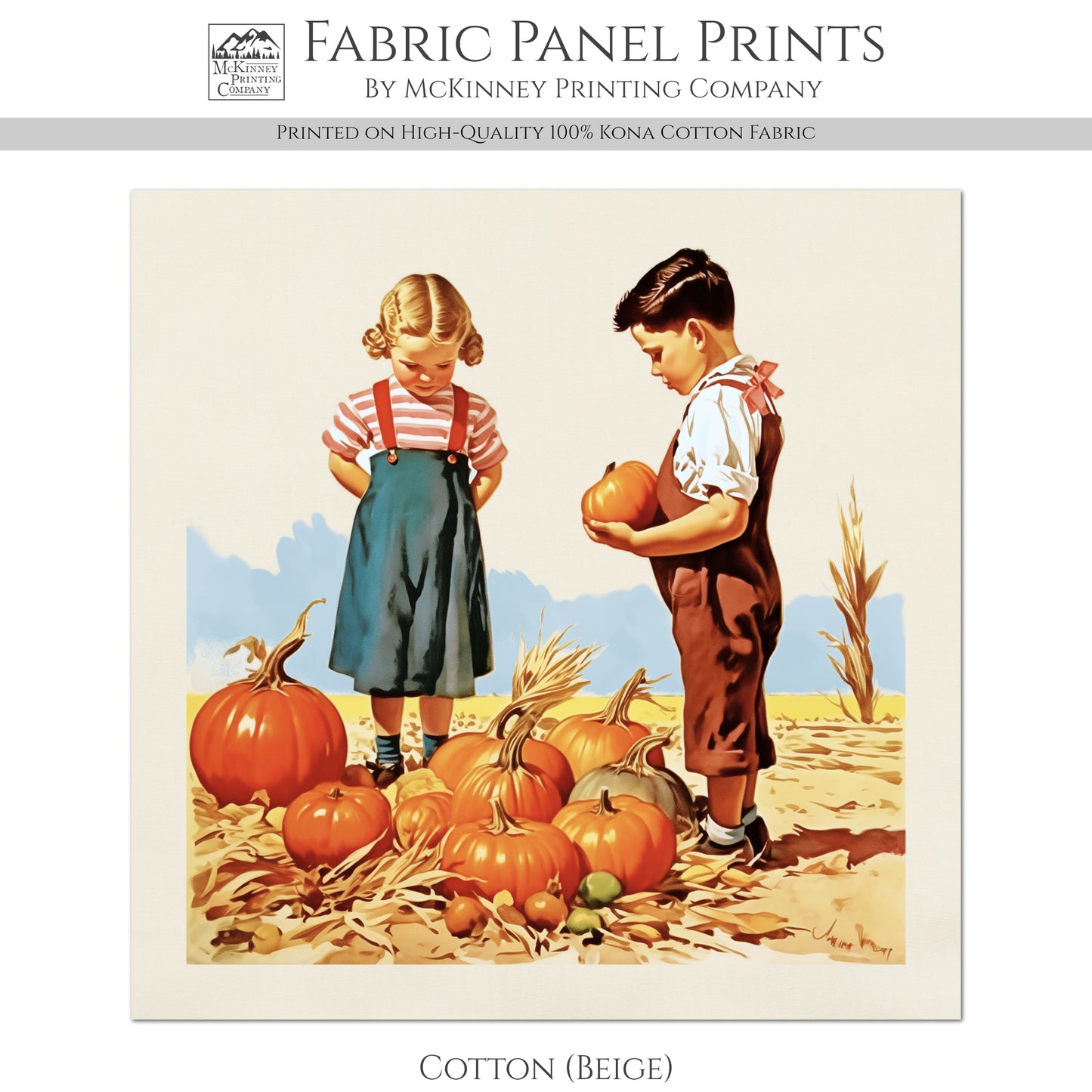 Fall Fabric Panel - Vintage, Craft, Pumpkin, Norman Rockwell, Style, Block Print, Cotton, Quilting, Quilt, Sewing