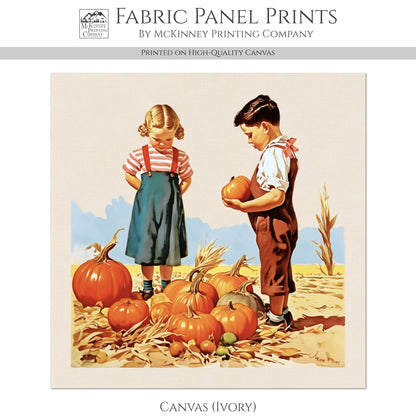 Fall Fabric Panel - Vintage, Craft, Pumpkin, Norman Rockwell, Style, Block Print, Cotton, Quilting, Quilt, Sewing