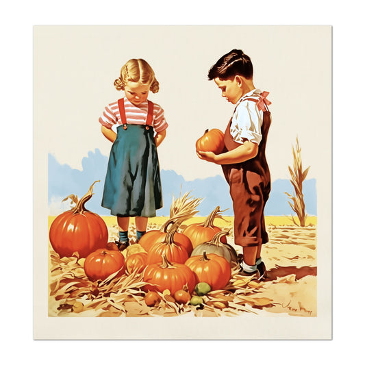 Fall Fabric Panel - Vintage, Craft, Pumpkin, Norman Rockwell, Style, Block Print, Cotton, Quilting, Quilt, Sewing