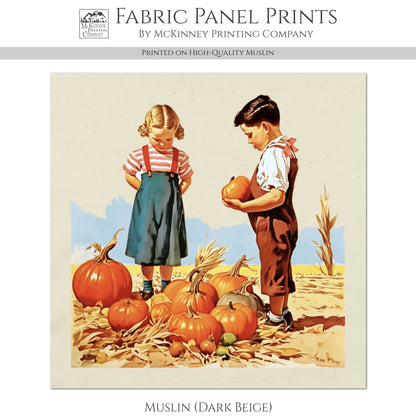 Fall Fabric Panel - Vintage, Craft, Pumpkin, Norman Rockwell, Style, Block Print, Cotton, Quilting, Quilt, Sewing