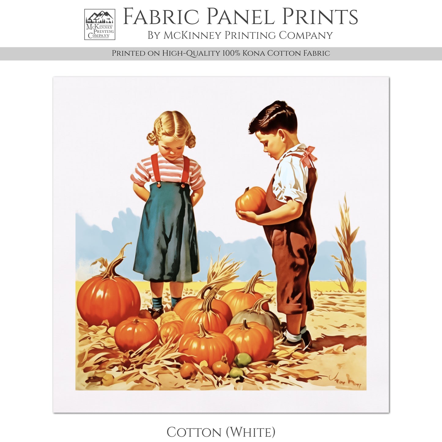 Fall Fabric Panel - Vintage, Craft, Pumpkin, Norman Rockwell, Style, Block Print, Cotton, Quilting, Quilt, Sewing