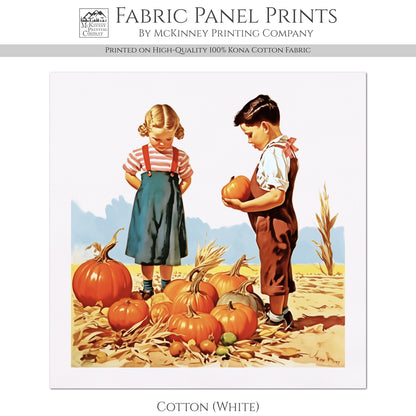 Fall Fabric Panel - Vintage, Craft, Pumpkin, Norman Rockwell, Style, Block Print, Cotton, Quilting, Quilt, Sewing