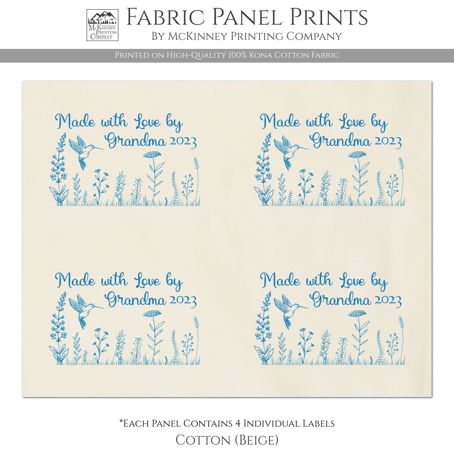 Quilt Labels - Made with Love by Grandma - Personalized Name and Date - Hummingbird and Wildflowers - Kona Cotton Fabric