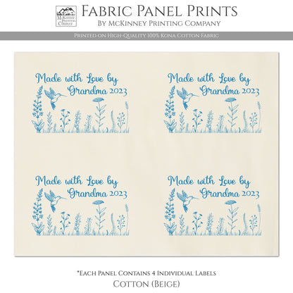 Quilt Labels - Made with Love by Grandma - Personalized Name and Date - Hummingbird and Wildflowers - Kona Cotton Fabric