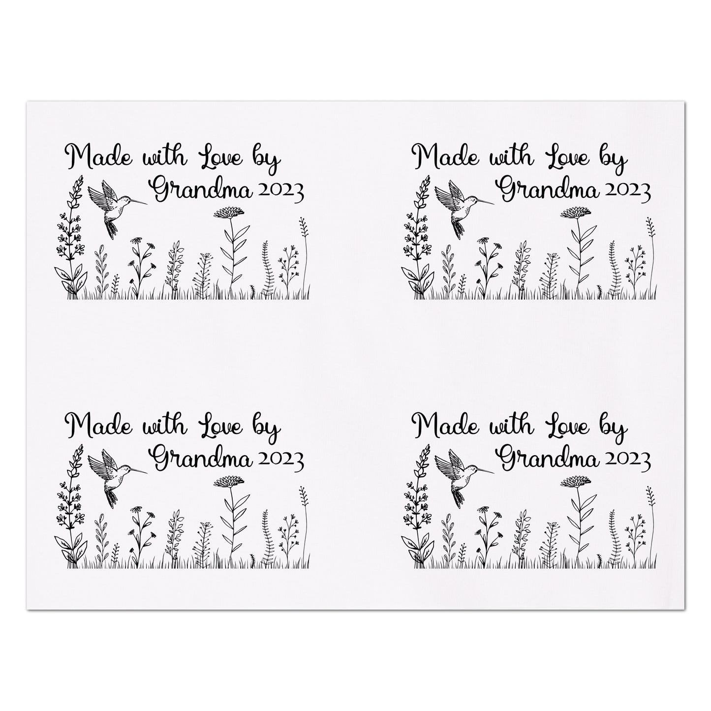 Quilt Labels - Made with Love by Grandma - Personalized Name and Date - Hummingbird and Wildflowers
