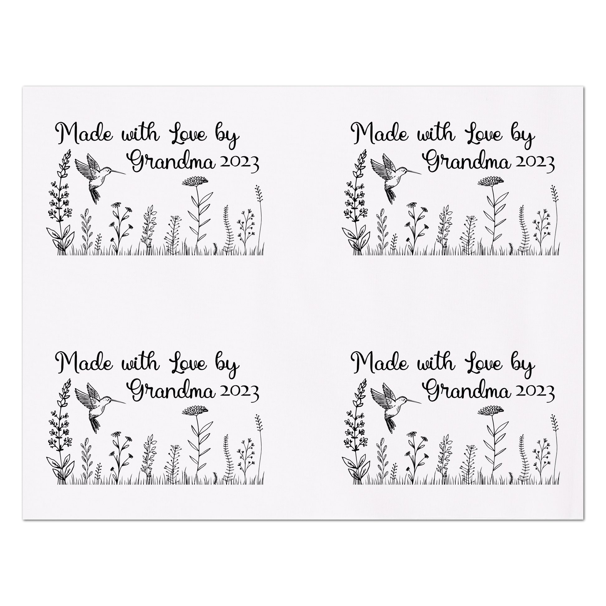 Quilt Labels - Made with Love by Grandma - Personalized Name and Date - Hummingbird and Wildflowers