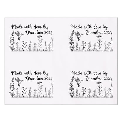 Quilt Labels - Made with Love by Grandma - Personalized Name and Date - Hummingbird and Wildflowers