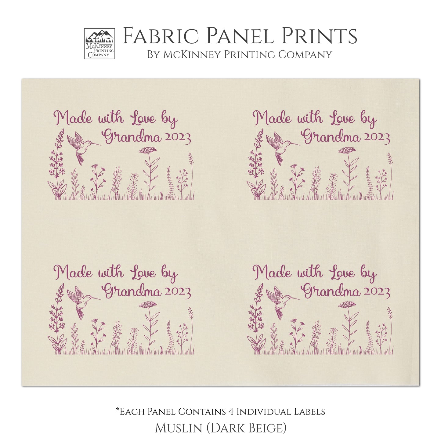 Quilt Labels - Made with Love by Grandma - Personalized Name and Date - Hummingbird and Wildflowers - Muslin