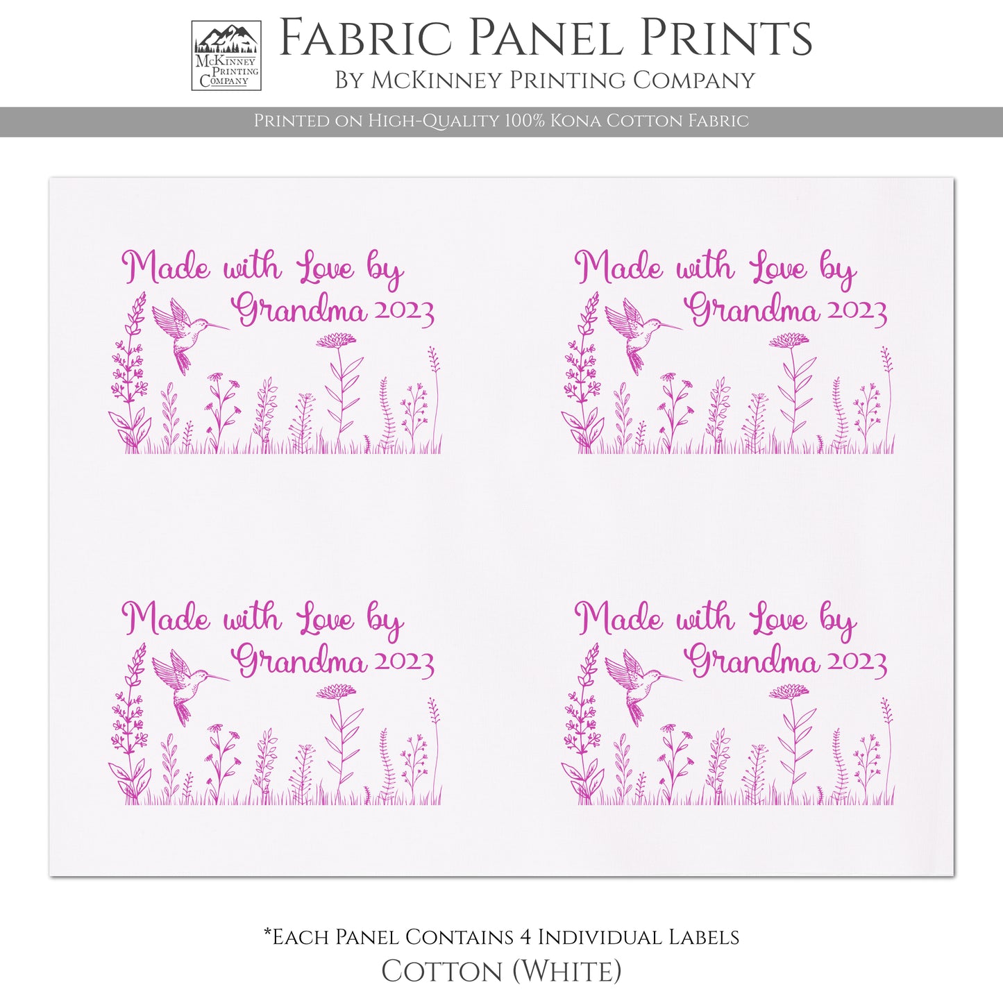 Quilt Labels - Made with Love by Grandma - Personalized Name and Date - Hummingbird and Wildflowers - Kona Cotton Fabric, White