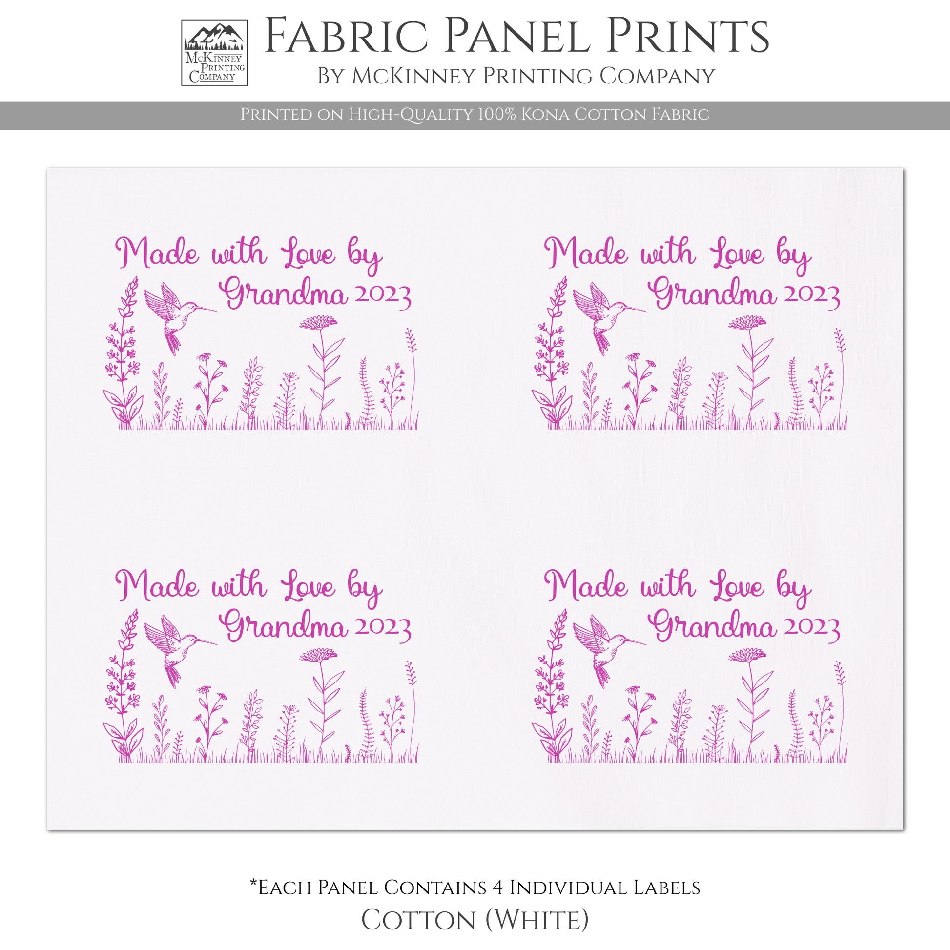 Quilt Labels - Made with Love by Grandma - Personalized Name and Date - Hummingbird and Wildflowers - Kona Cotton Fabric, White