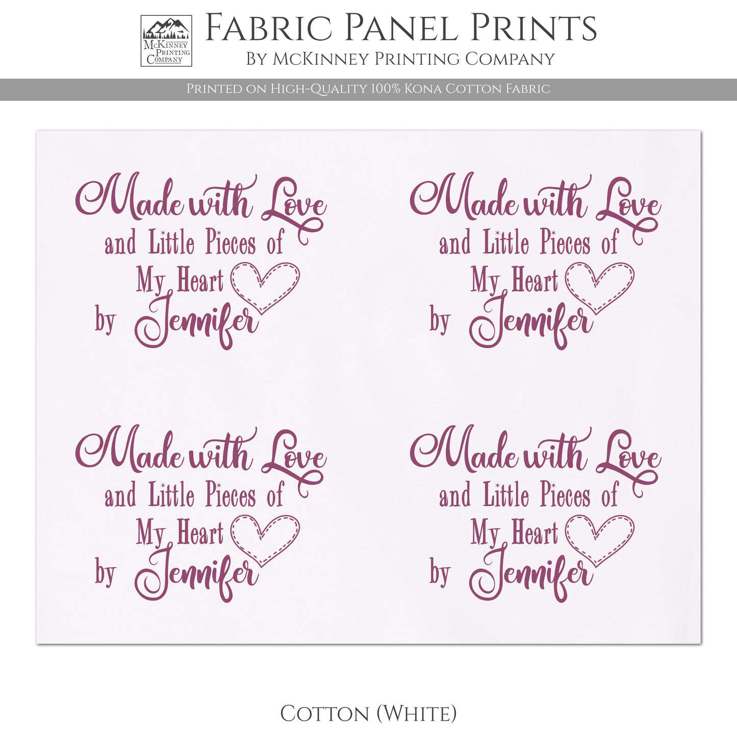 Quilt Labels - Made with Love and Little Pieces of My Heart - Personalized Name, Kona Cotton Fabric, White
