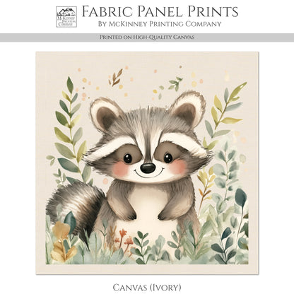 Raccoon - Baby Fabric Panels, Woodland Animals, Nursery Décor, Quilt Block, Wall Art, Cotton, Quilting