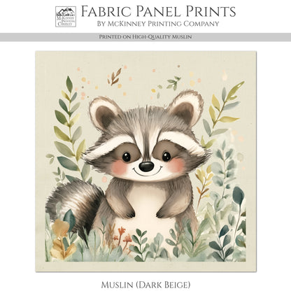 Raccoon - Baby Fabric Panels, Woodland Animals, Nursery Décor, Quilt Block, Wall Art, Cotton, Quilting