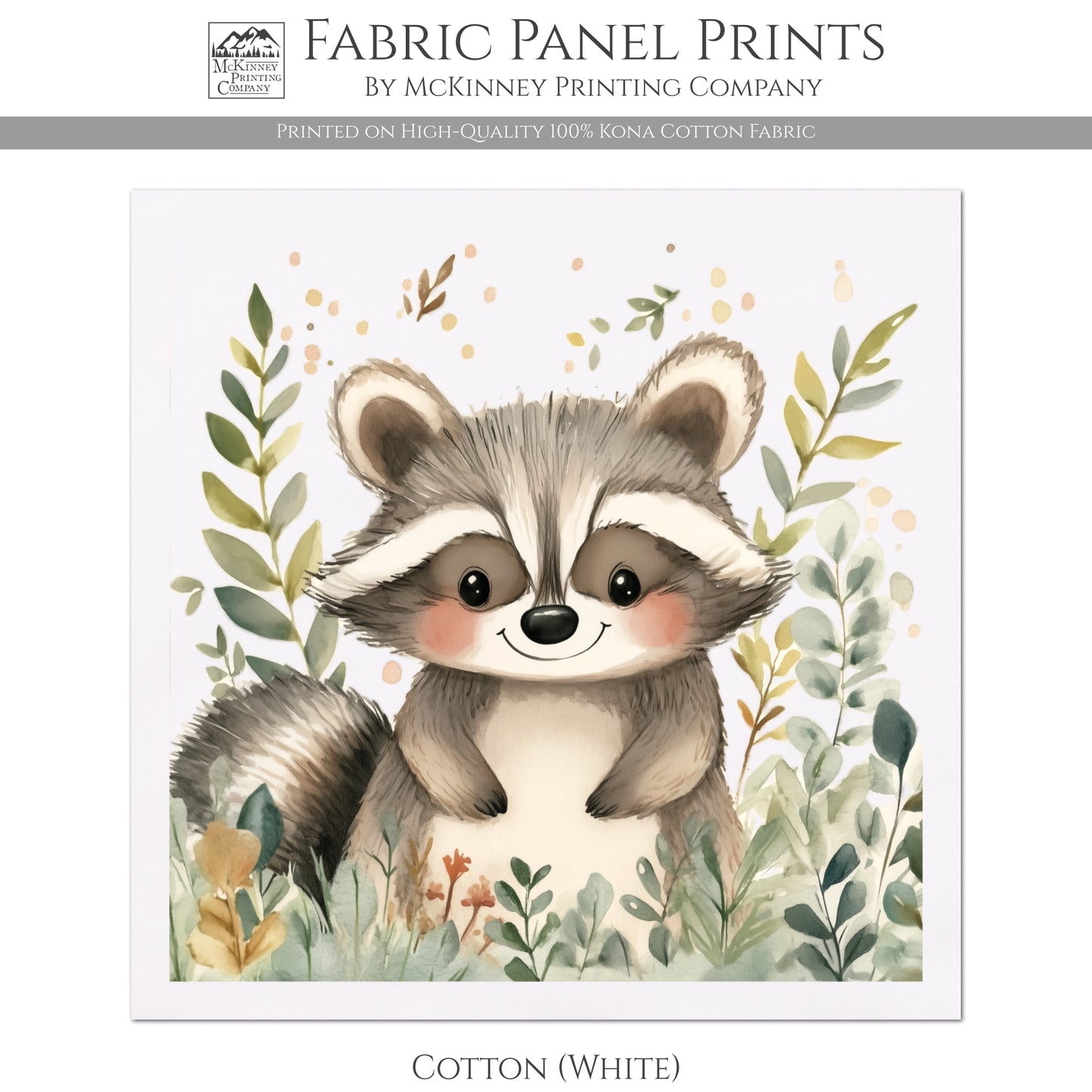 Raccoon - Baby Fabric Panels, Woodland Animals, Nursery Décor, Quilt Block, Wall Art, Cotton, Quilting