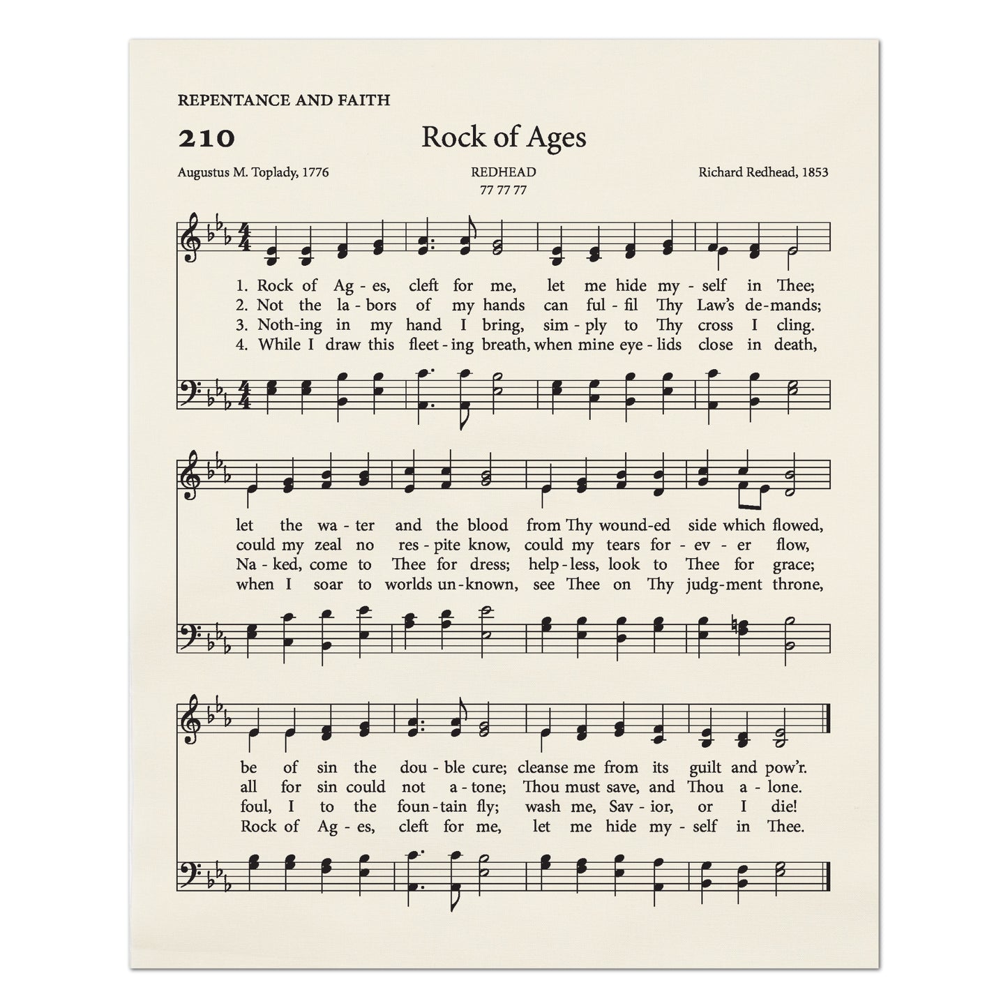 Rock of Ages - Christian Fabric, Hymn Wall Art, Religious, Vintage Sheet Music, Quilting, Quilt, Cotton