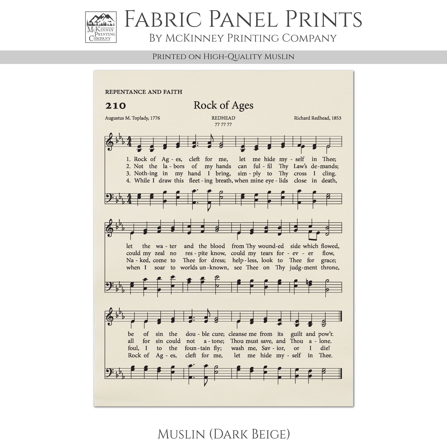 Rock of Ages - Christian Fabric, Hymn Wall Art, Religious, Vintage Sheet Music, Quilting, Quilt, Cotton