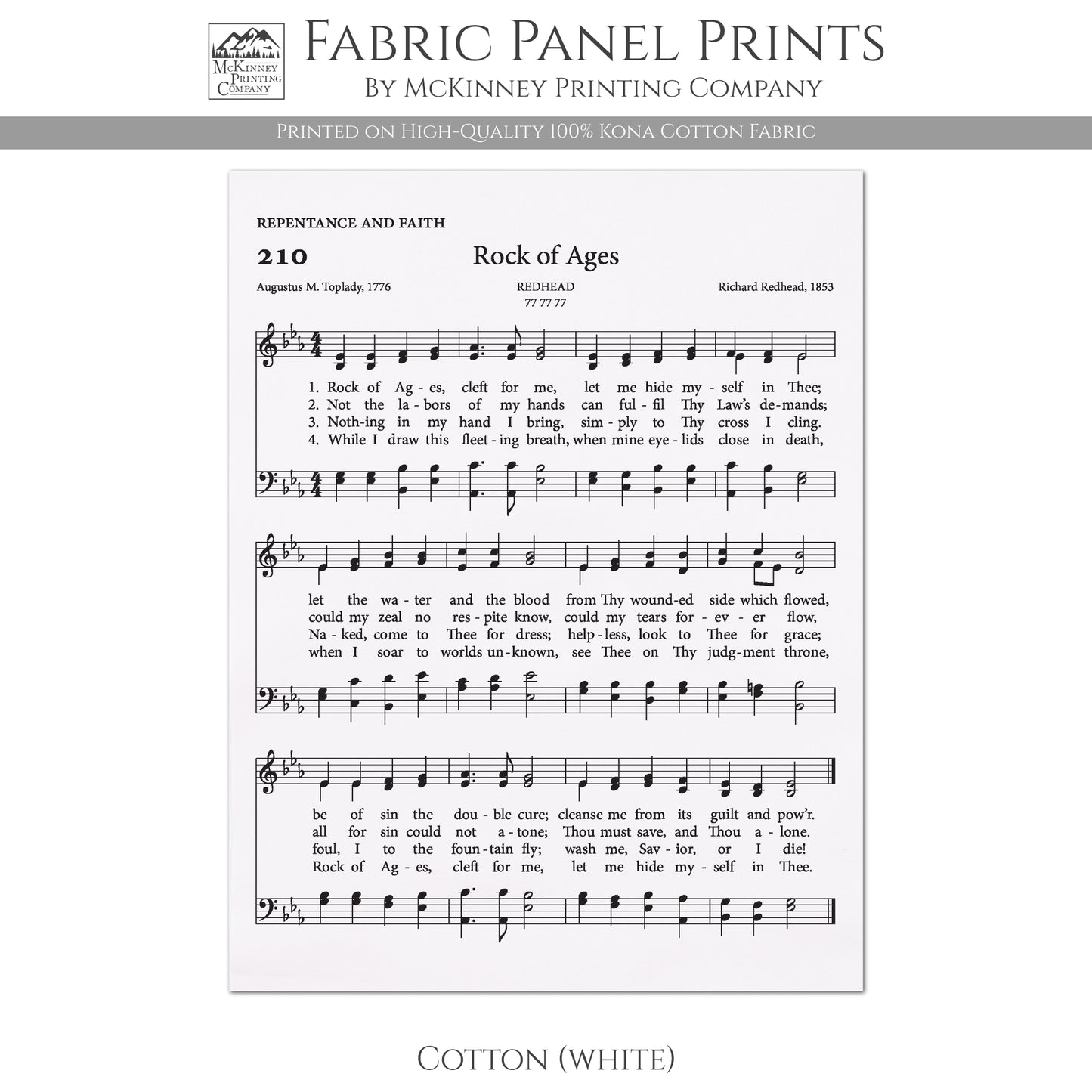 Rock of Ages - Christian Fabric, Hymn Wall Art, Religious, Vintage Sheet Music, Quilting, Quilt, Cotton