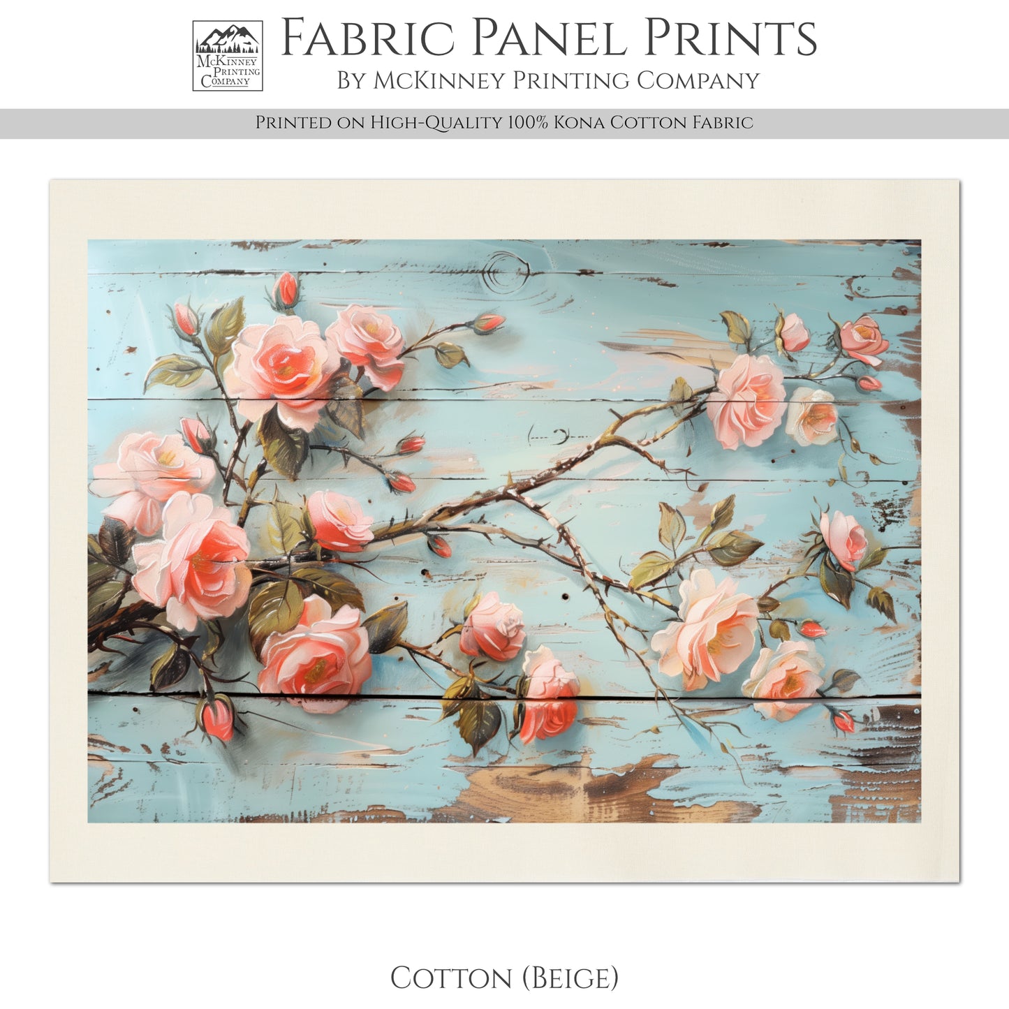 Shabby Chic Fabric - French Country, Pink Rose, Wood, Panel Print, Vintage, Quilt Block, Home Décor