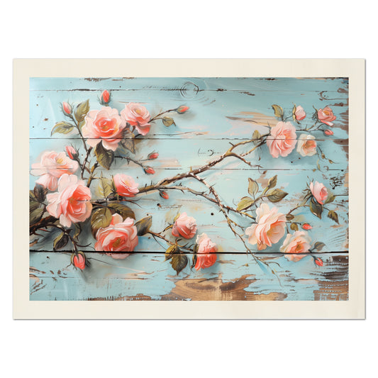 Shabby Chic Fabric - French Country, Pink Rose, Wood, Panel Print, Vintage, Quilt Block, Home Décor
