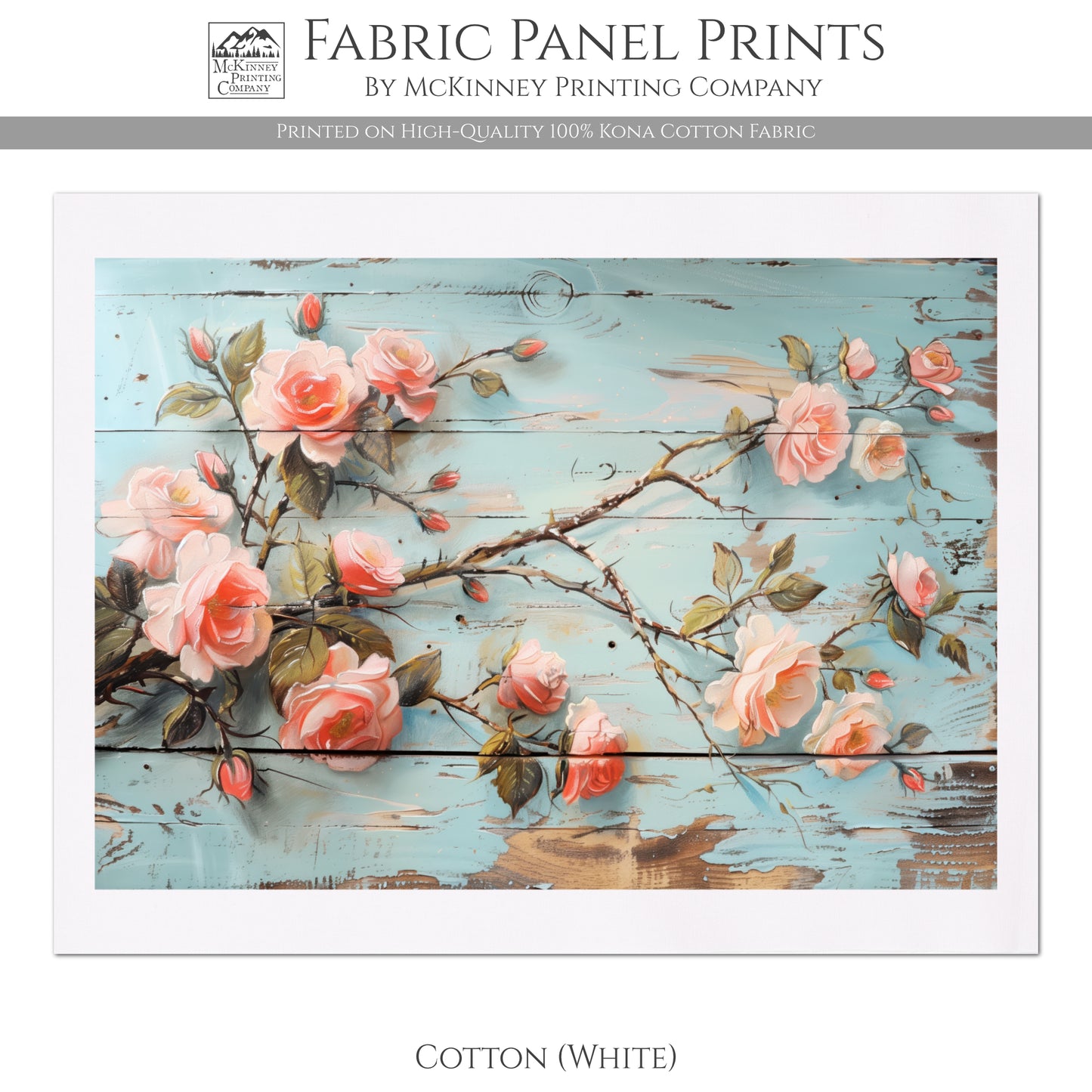 Shabby Chic Fabric - French Country, Pink Rose, Wood, Panel Print, Vintage, Quilt Block, Home Décor
