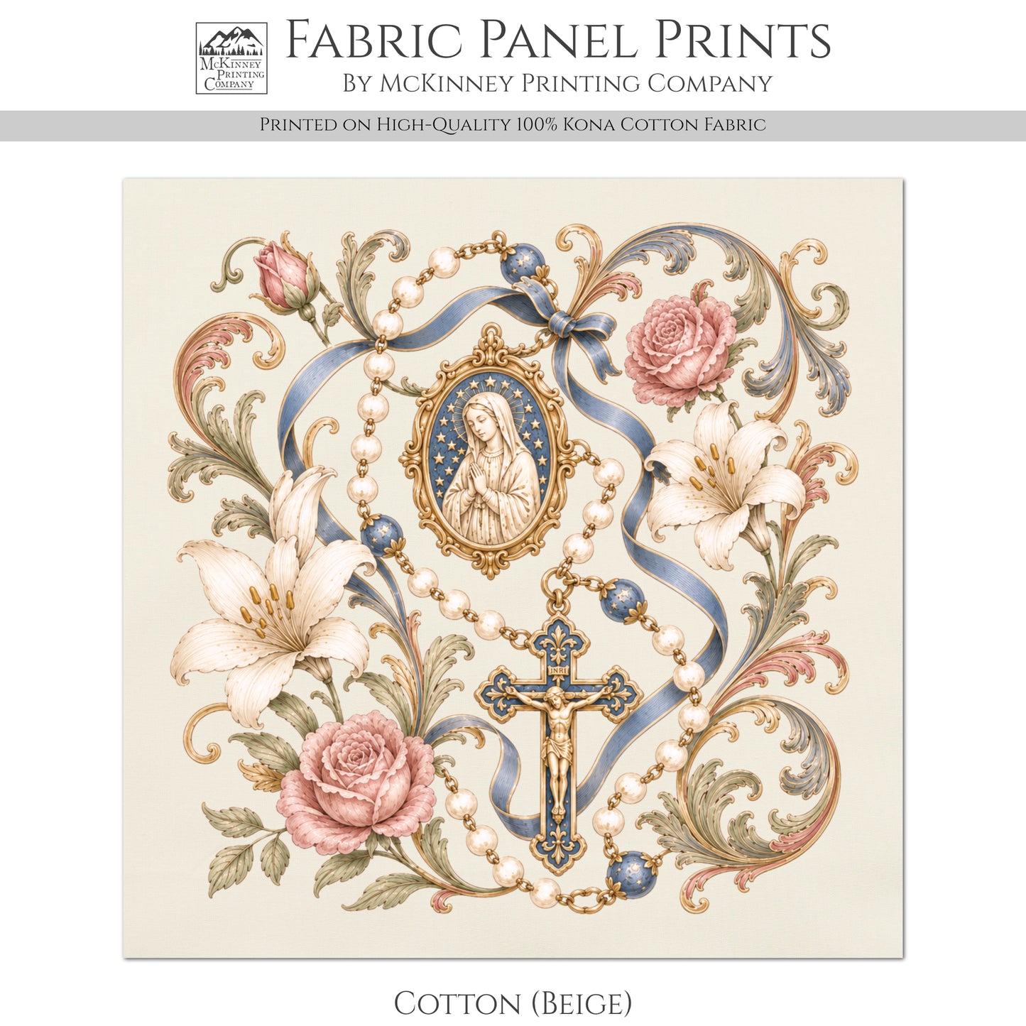 Virgin Mary Fabric - Jesus, Rosery, Religious, Ephemera, Christian, Catholic, Prayer, Print, Quilt, Quilting, Crucifix