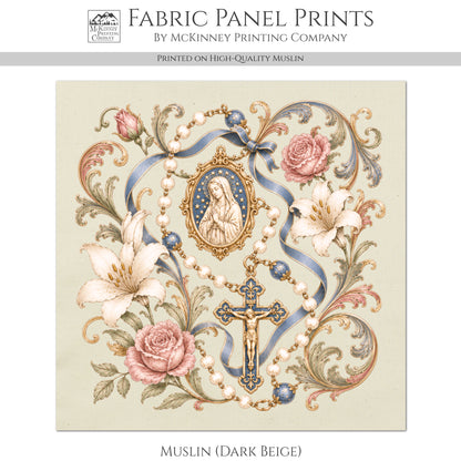 Virgin Mary Fabric - Jesus, Rosery, Religious, Ephemera, Christian, Catholic, Prayer, Print, Quilt, Quilting, Crucifix