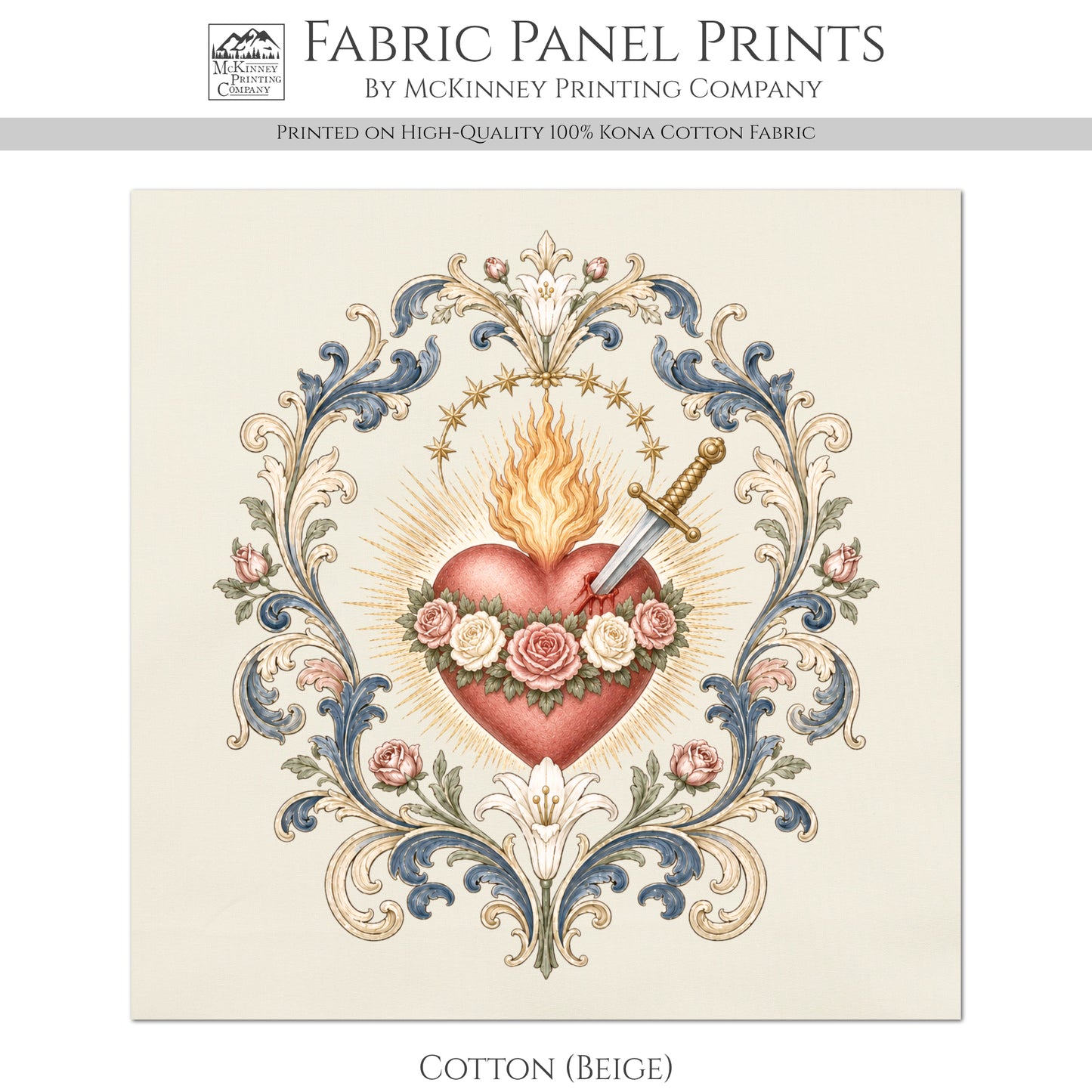Sacred Heart of Jesus Art -  Religious, Ephemera, Christian, Catholic, Prayer, Print, Quilt, Quilting, Rose, Sewing