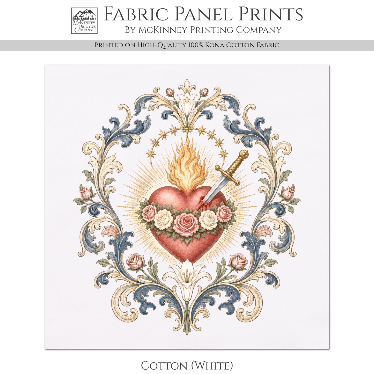 Sacred Heart of Jesus Art -  Religious, Ephemera, Christian, Catholic, Prayer, Print, Quilt, Quilting, Rose, Sewing