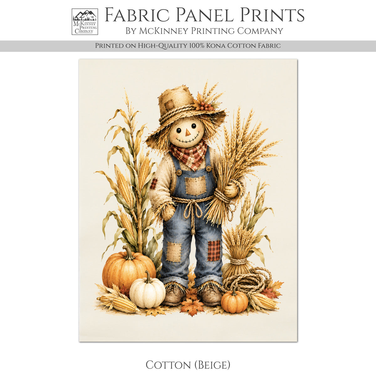 Fall Quilting Cotton Fabric - Panel, Scarecrow, Pumpkin, Corn, Autumn, Wall Art, Large Print, Block, Quilt, Halloween
