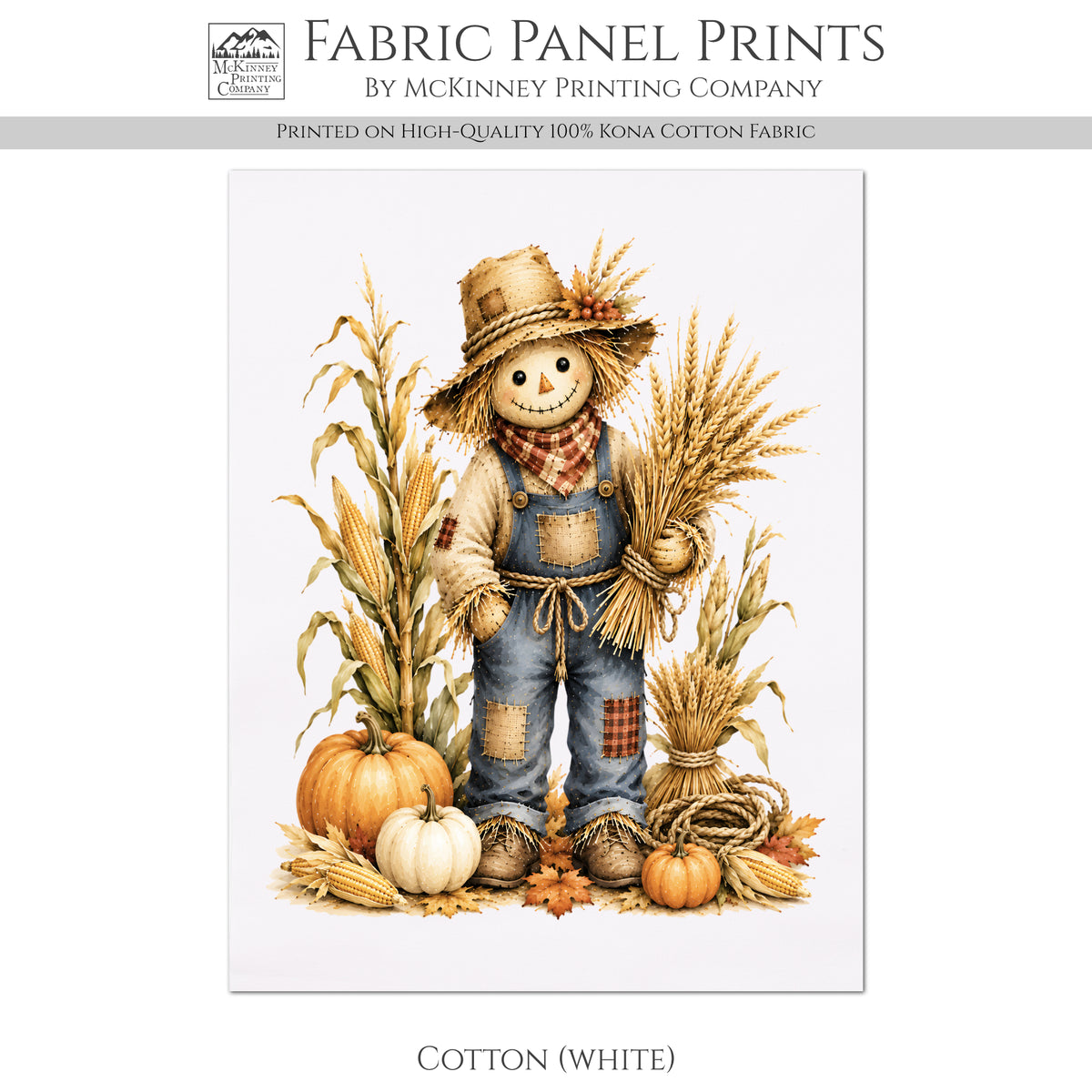 Fall Quilting Cotton Fabric - Panel, Scarecrow, Pumpkin, Corn, Autumn, Wall Art, Large Print, Block, Quilt, Halloween