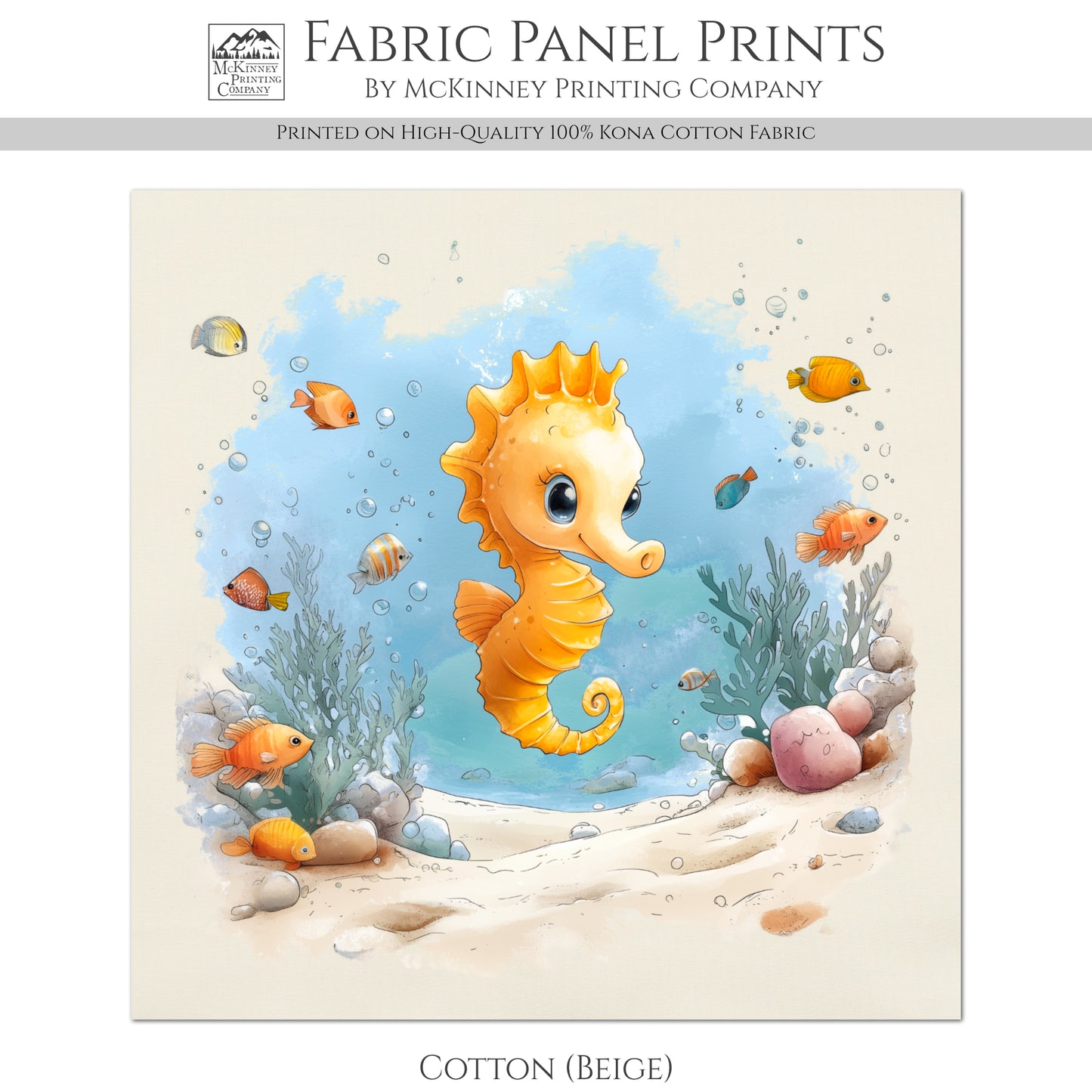 Seahorse Fabric - Baby Fabric Panels, Sea, Ocean, Boy, Blanket, Nursery Décor, Quilt Block, Cotton, Quilting