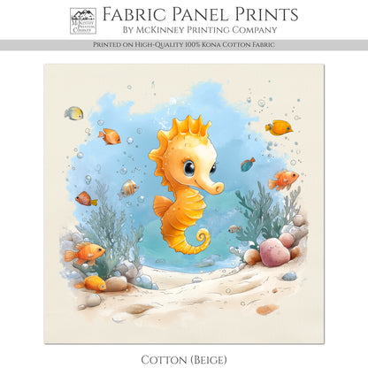 Seahorse Fabric - Baby Fabric Panels, Sea, Ocean, Boy, Blanket, Nursery Décor, Quilt Block, Cotton, Quilting