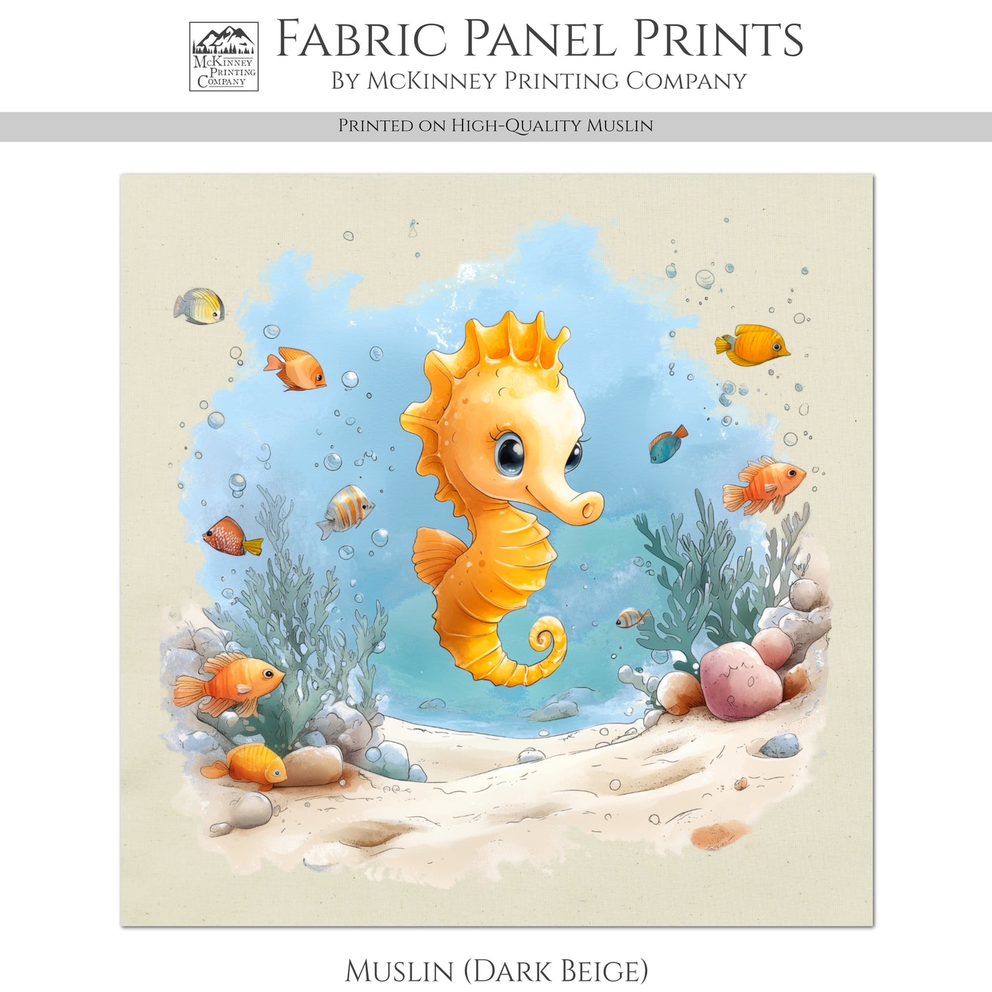 Seahorse Fabric - Baby Fabric Panels, Sea, Ocean, Boy, Blanket, Nursery Décor, Quilt Block, Cotton, Quilting