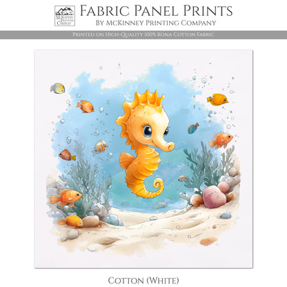 Seahorse Fabric - Baby Fabric Panels, Sea, Ocean, Boy, Blanket, Nursery Décor, Quilt Block, Cotton, Quilting