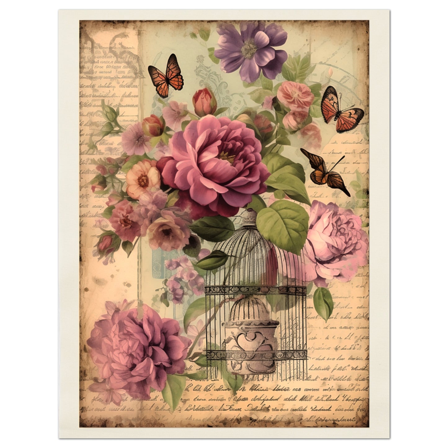 Shabby Chic French Floral Print, Butterfly