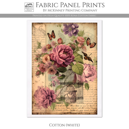 Shabby Chic French Floral Print, Butterfly - Cotton, White