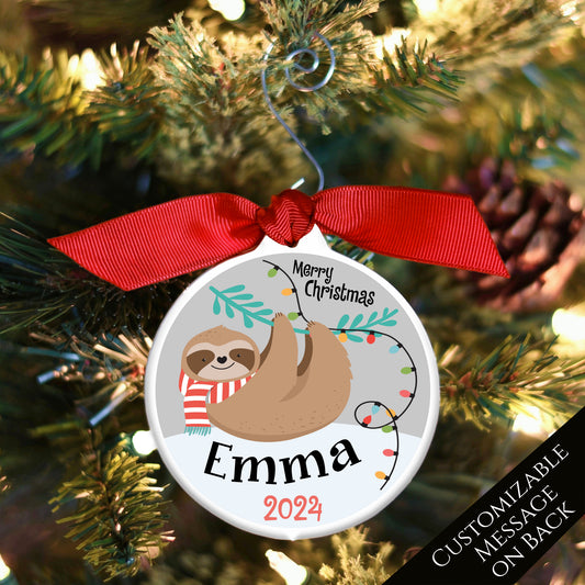 Sloth Ornament, Christmas Tree Decor, Personalized, Custom, Name, Date, Kids, Child