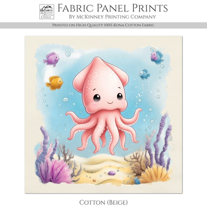 Squid - Ocean Animal Fabric, Baby Fabric Panels, Sea Creatures, Boy, Nursery Décor, Quilt Block, Cotton, Quilting