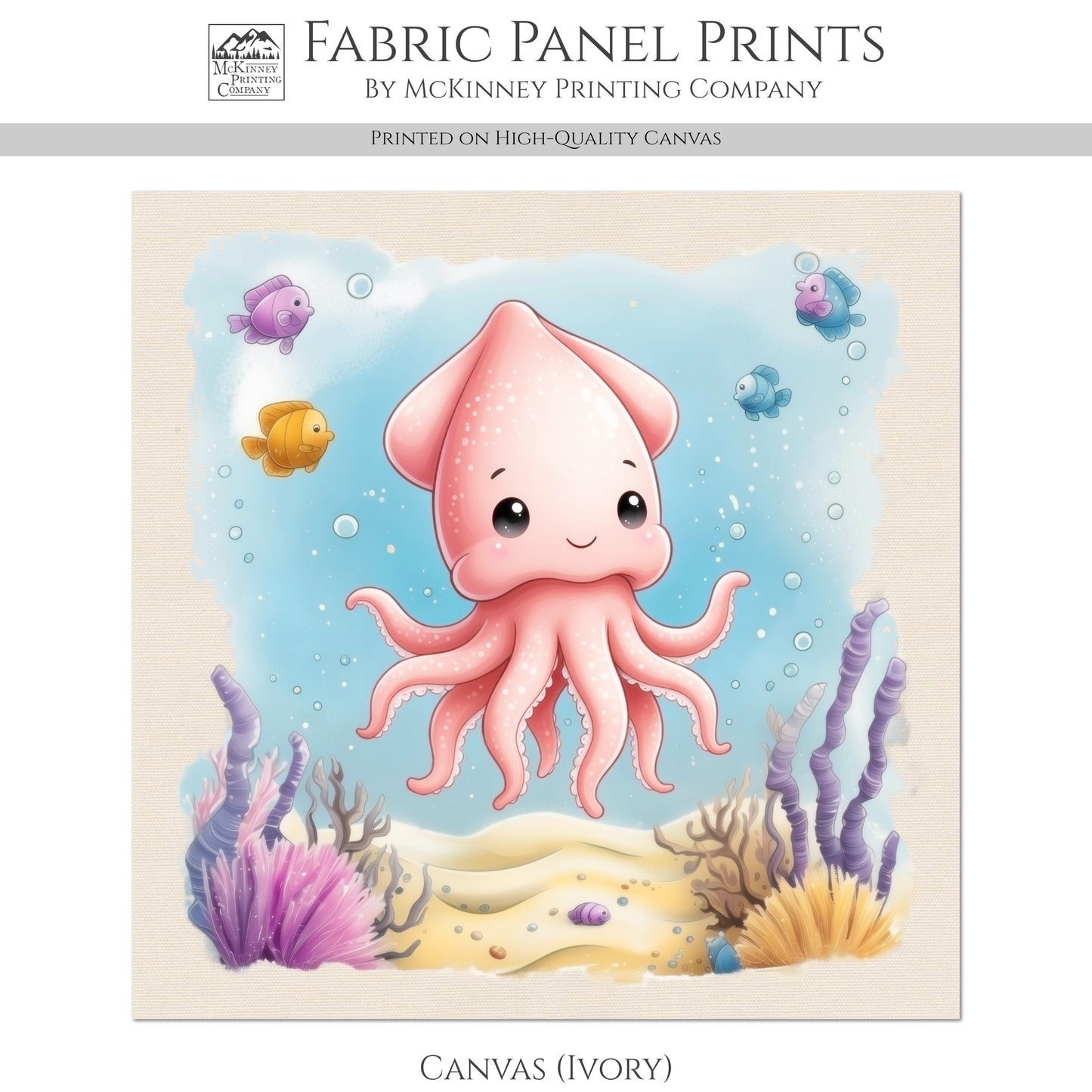 Squid - Ocean Animal Fabric, Baby Fabric Panels, Sea Creatures, Boy, Nursery Décor, Quilt Block, Cotton, Quilting