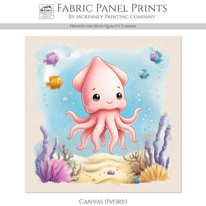 Squid - Ocean Animal Fabric, Baby Fabric Panels, Sea Creatures, Boy, Nursery Décor, Quilt Block, Cotton, Quilting