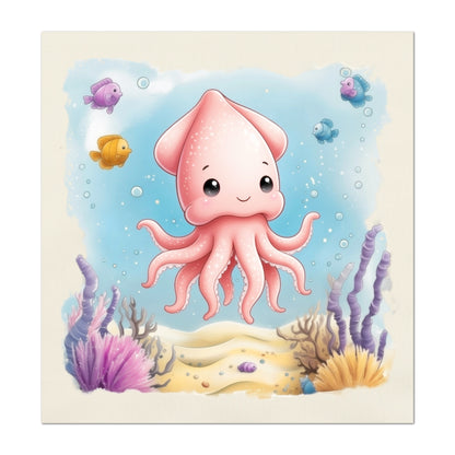 Squid - Ocean Animal Fabric, Baby Fabric Panels, Sea Creatures, Boy, Nursery Décor, Quilt Block, Cotton, Quilting