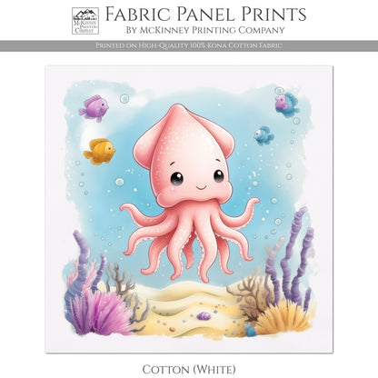 Squid - Ocean Animal Fabric, Baby Fabric Panels, Sea Creatures, Boy, Nursery Décor, Quilt Block, Cotton, Quilting