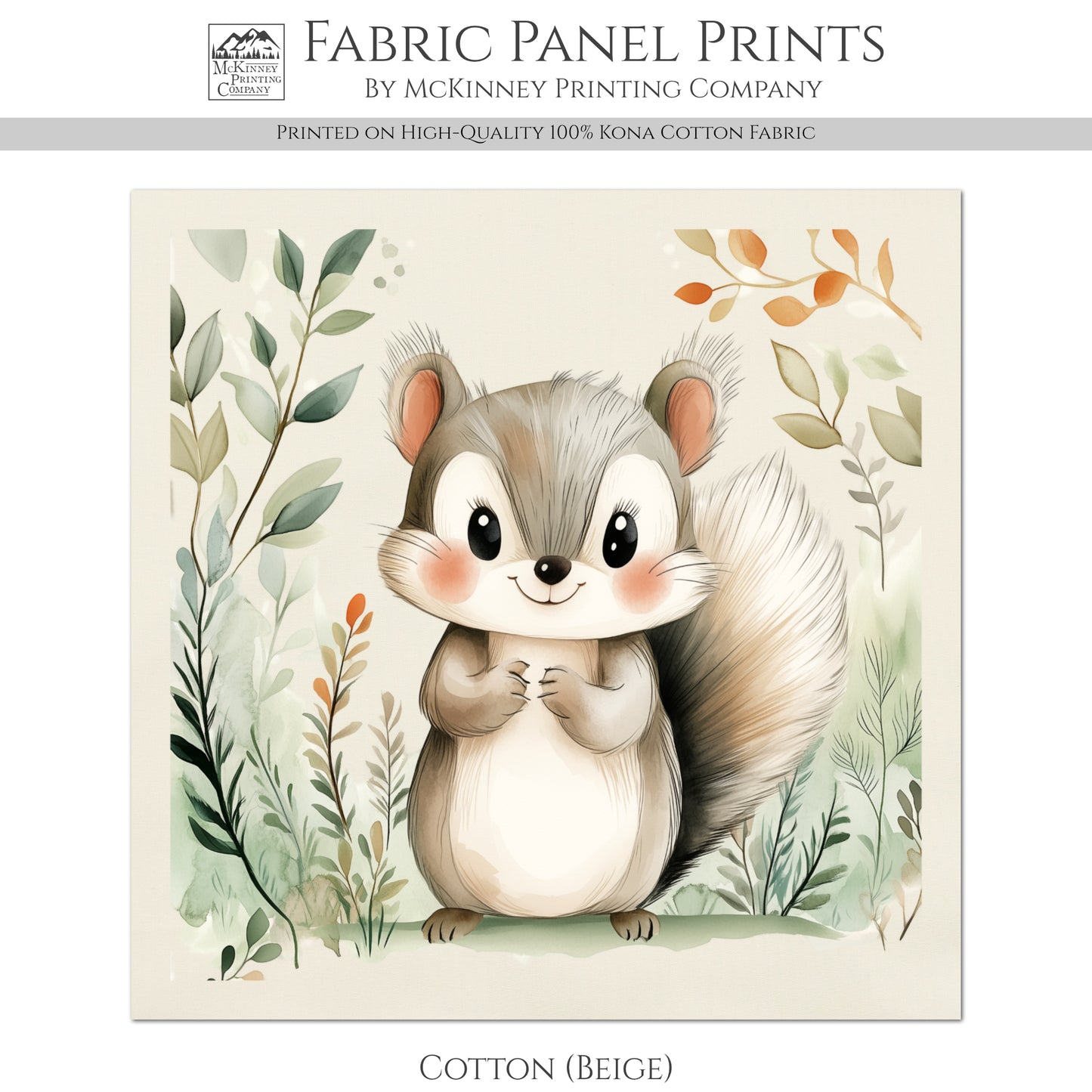 Woodland Animal Fabric - Squirrel, Baby Fabric Panels, Forest, Nursery Décor, Quilt Block, Wall Art, Cotton, Quilting